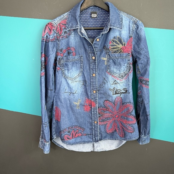 Desigual Blue Denim Shirt with Red Embroidery - Picture 1 of 10